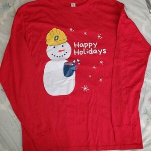 Jerzees Red Long Sleeve Tee with Snowman Design Medium